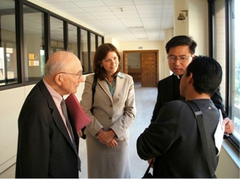 Chatting with professors and students in the bioethics department at Regina Apostolorum