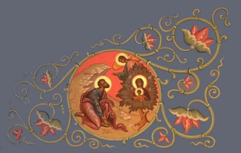 In this icon Jesus Christ is present in the womb of the Blessed Virgin Mary, before Moses in the burning bush to signify that Christ, the Incarnate Lord, is the one who comes to save the House of Israel