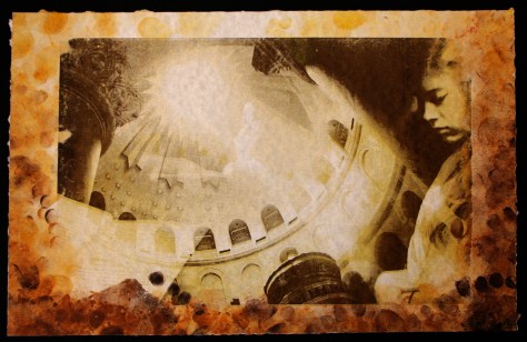 Alison Batley, Pilgrim Mass at the Holy Sepulcher, monoprint, 2009